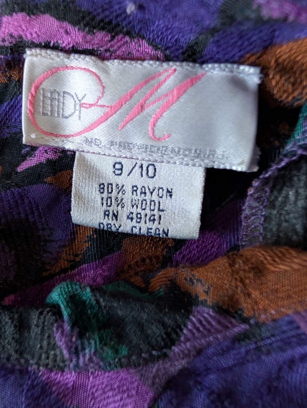 80s Abstract Geometric Print Midi Dress Purple Teal Rayon Wool Shoulder Pads M image 7